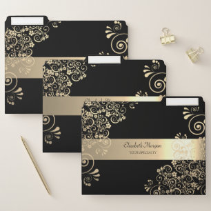Elegant Modern Black Gold Flowers Stripe File Folder
