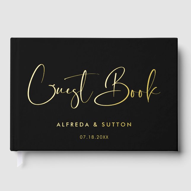 Elegant & modern black & Gold foil wedding Foil Guest Book (Front)