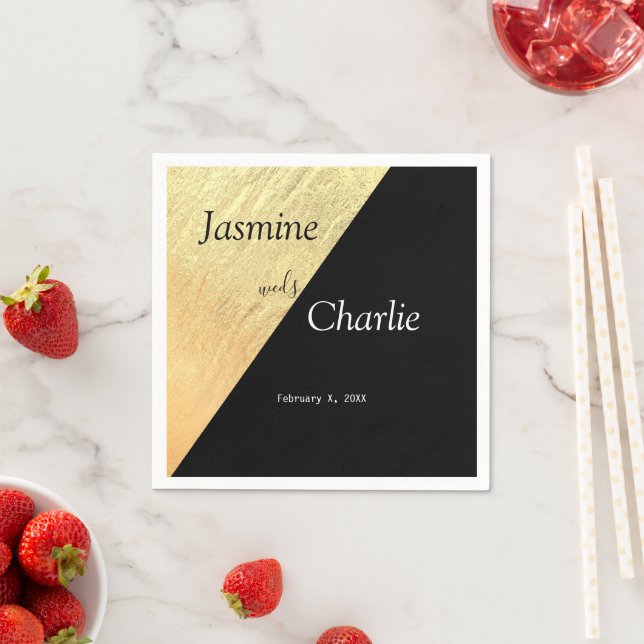 Elegant Modern Black & Gold Foil Wedding Napkins (Insitu)