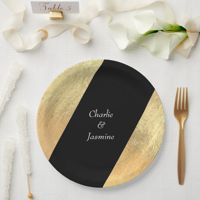 Elegant Modern Black & Gold Foil Wedding Paper Plates (Wedding)