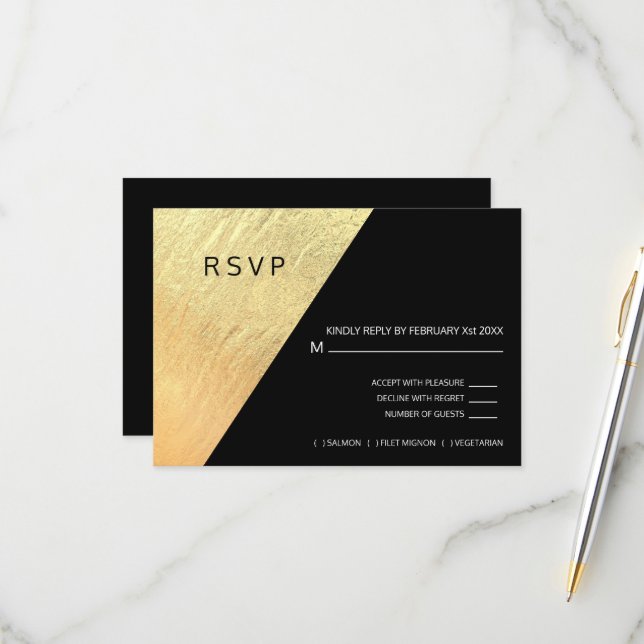 Elegant Modern Black & Gold Foil Wedding RSVP Card (Front/Back In Situ)