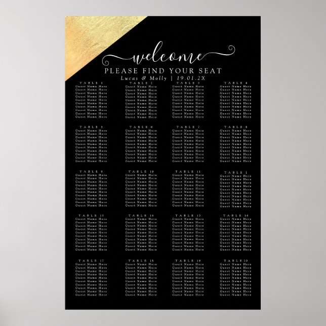 Elegant Modern Black & Gold Foil Wedding Seating Poster (Front)