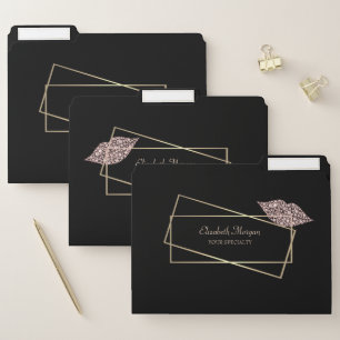 Elegant Modern Black Gold Frame, Diamonds Lips File Folder