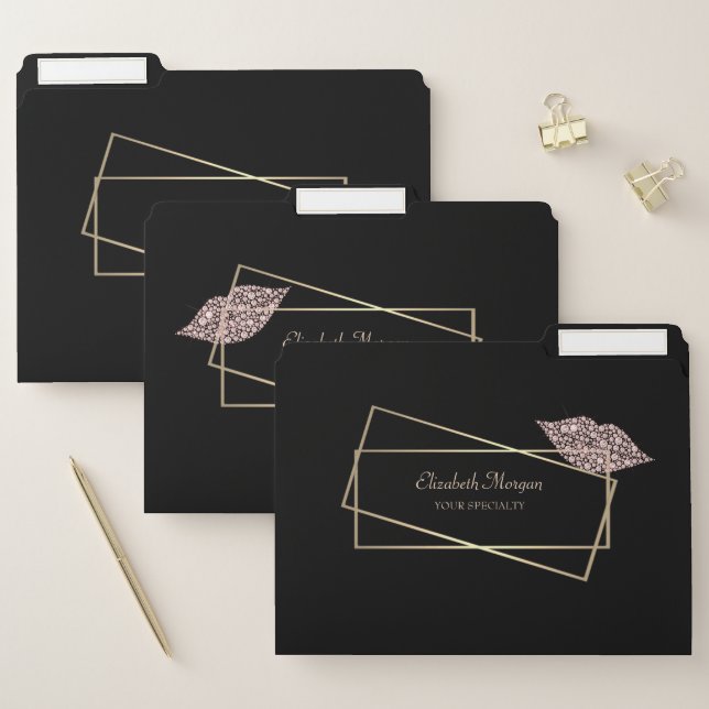 Elegant Modern Black Gold Frame, Diamonds Lips File Folder (Set)