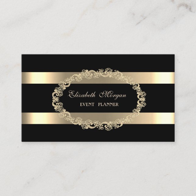 Elegant Modern,Black,Gold Frame Striped Business Card (Front)