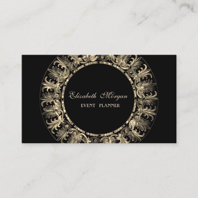 Elegant Modern,Black,Gold Frame Swirls Business Card (Front)