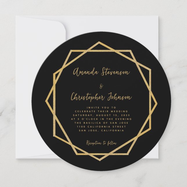 Elegant Modern Black Gold Geometric Wedding Invitation (Front)