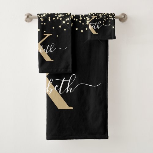 Elegant Modern Black Gold Glitter Monogram Name Bath Towel Set