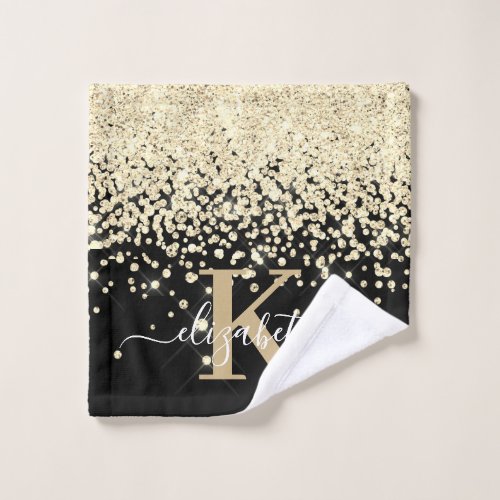 Elegant Modern Black Gold Glitter Monogram Name Wash Cloth