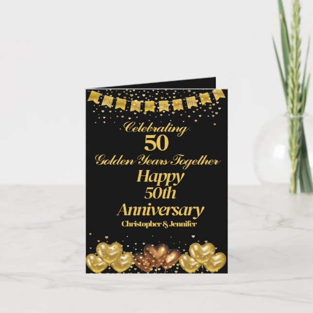 Elegant Modern Black & Gold Happy 50th Anniversary Card (Front)