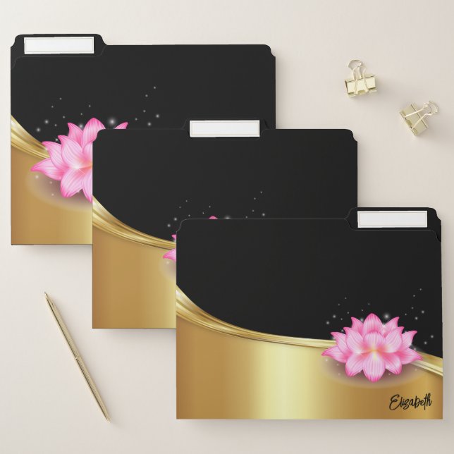 Elegant Modern Black Gold Lotus File Folder (Set)