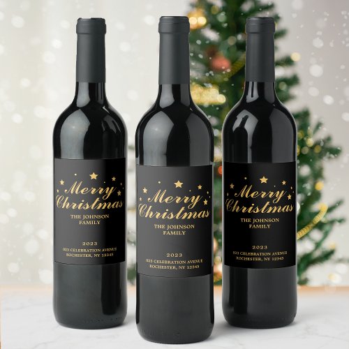 Elegant Modern Black Gold Merry Christmas Wine Label