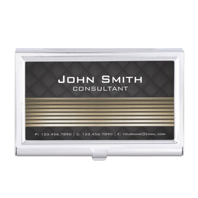 Elegant Modern Black & Gold Metal Black Leather Business Card Holder (Front)