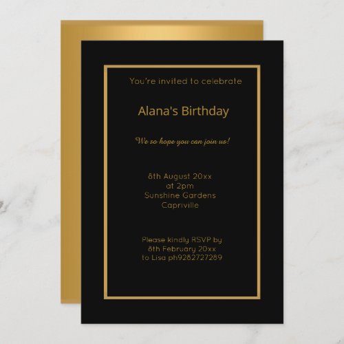 ELEGANT MODERN BLACK GOLD METALLIC ALL OCASSION INVITATION