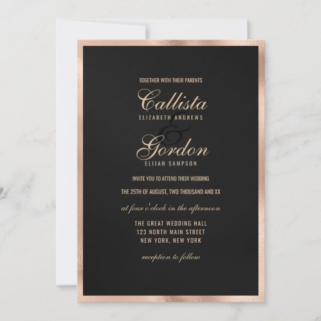 Elegant Modern Black Gold Metallic Border Wedding Invitation (Front)