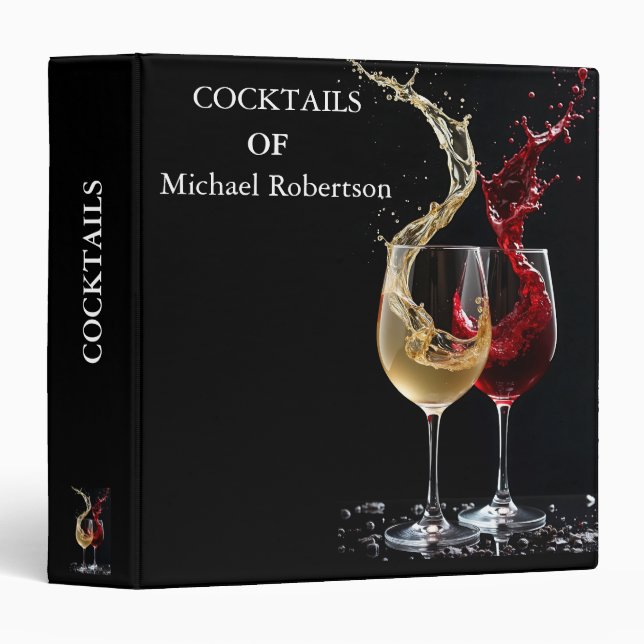 Elegant Modern Black Gold Monogram Cocktail Recipe 3 Ring Binder (Front/Spine)