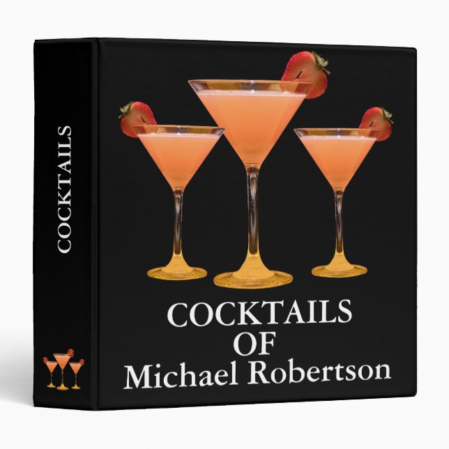 Elegant Modern Black Gold Monogram Cocktail Recipe 3 Ring Binder (Front/Spine)