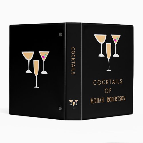 Elegant Modern Black Gold Monogram Cocktail Recipe Mini Binder