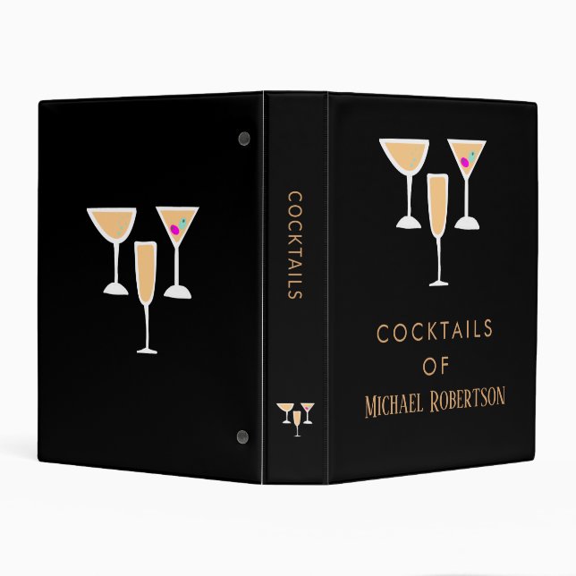 Elegant Modern Black Gold Monogram Cocktail Recipe Mini Binder (Background)