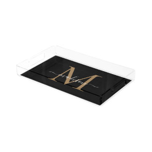 Elegant Modern Black Gold Monogram Girly Script Acrylic Tray