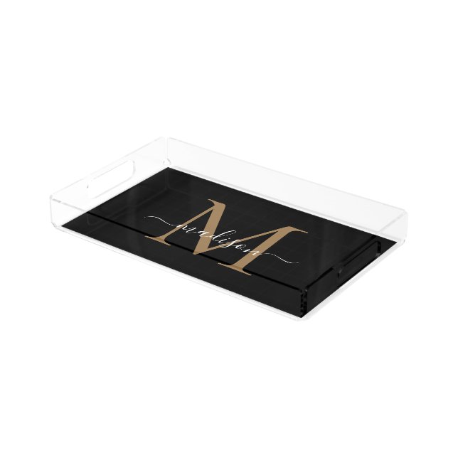 Elegant Modern Black Gold Monogram Girly Script Acrylic Tray (Angled)
