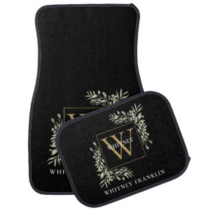 Elegant Modern Black Gold Monogram Greenery Car Floor Mat