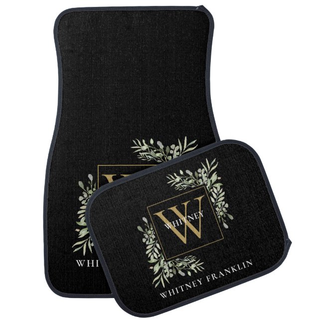 Elegant Modern Black Gold Monogram Greenery Car Floor Mat (Set)