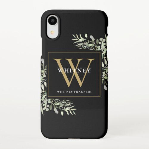 Elegant Modern Black Gold Monogram Greenery iPhone XR Case