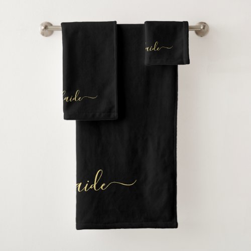 Elegant Modern Black Gold Monogram Name Scrip Bath Towel Set
