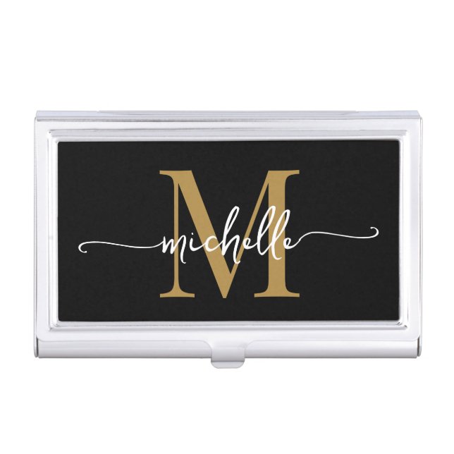 Elegant Modern Black Gold Monogram Name Script Business Card Case (Front)