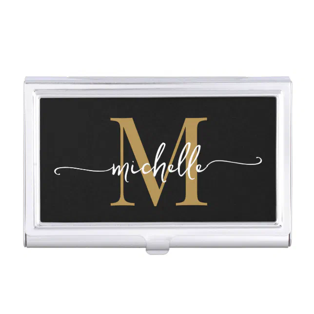 Elegant Modern Black Gold Monogram Name Script Business Card Case | Zazzle