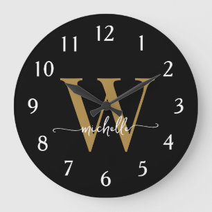 Elegant Modern Black Gold Monogram Name Script Large Clock