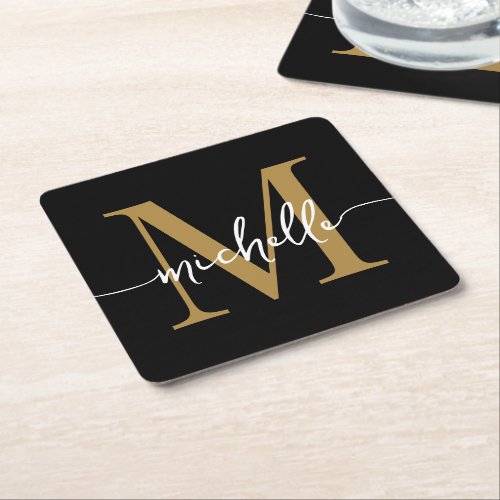 Elegant Modern Black Gold Monogram Name Script Square Paper Coaster