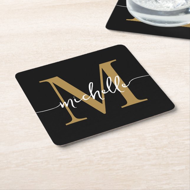 Elegant Modern Black Gold Monogram Name Script Square Paper Coaster (Angled)