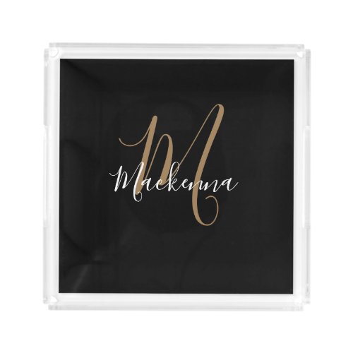 Elegant Modern Black Gold Monogram Script Name Acrylic Tray