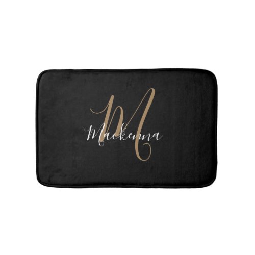 Elegant Modern Black Gold Monogram Script Name Bath Mat