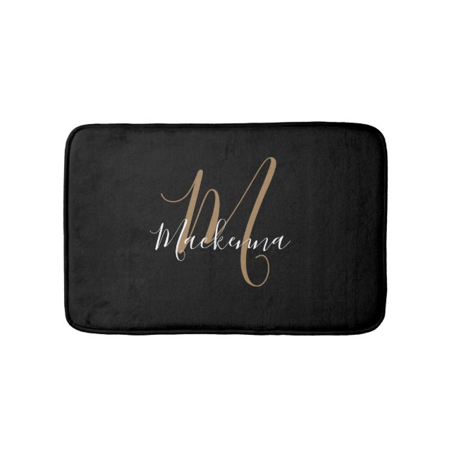 Elegant Modern Black Gold Monogram Script Name Bath Mat (Front)