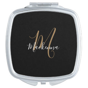 Elegant Modern Black Gold Monogram Script Name Compact Mirror