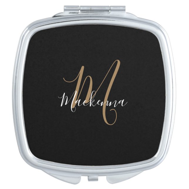 Elegant Modern Black Gold Monogram Script Name Compact Mirror (Front)