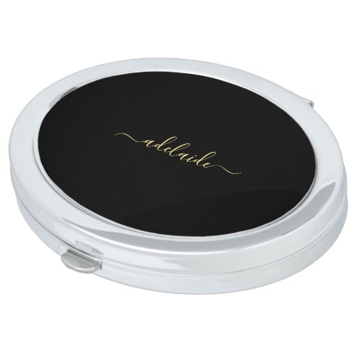 Elegant Modern Black  Gold Monogram Script Name  Compact Mirror