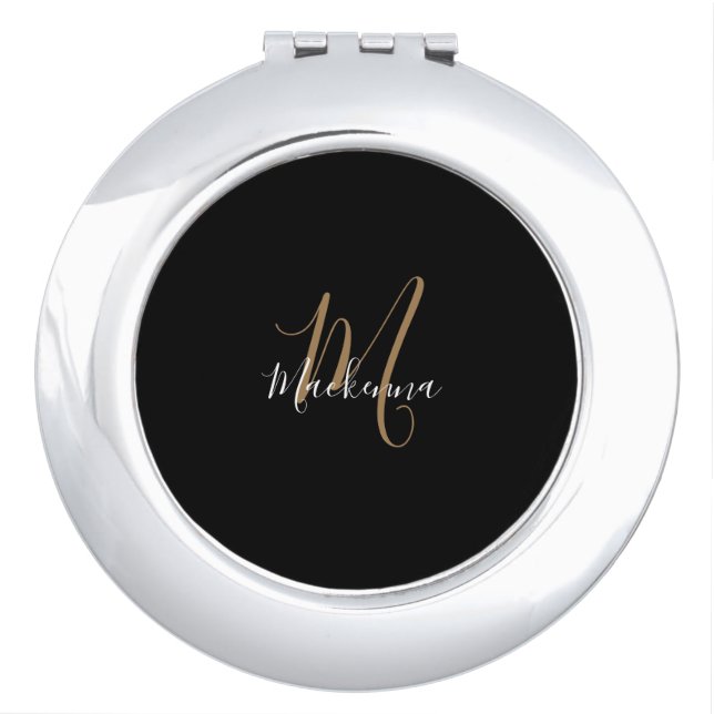 Elegant Modern Black Gold Monogram Script Name Compact Mirror (Front)