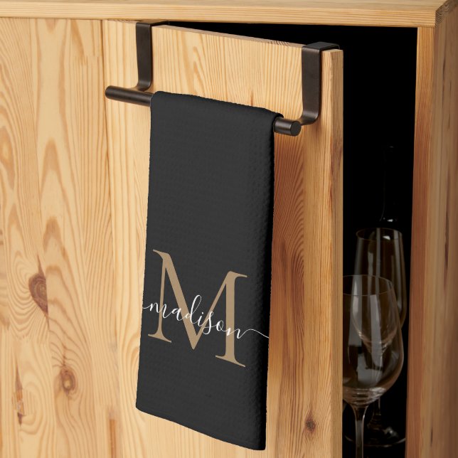 Elegant Modern  Black Gold Monogram Script Name Kitchen Towel (Thirds Fold)