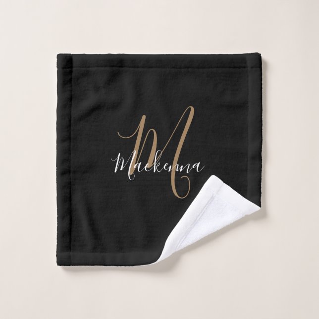 Elegant Modern Black Gold Monogram Script Name Wash Cloth (Wash Cloth)