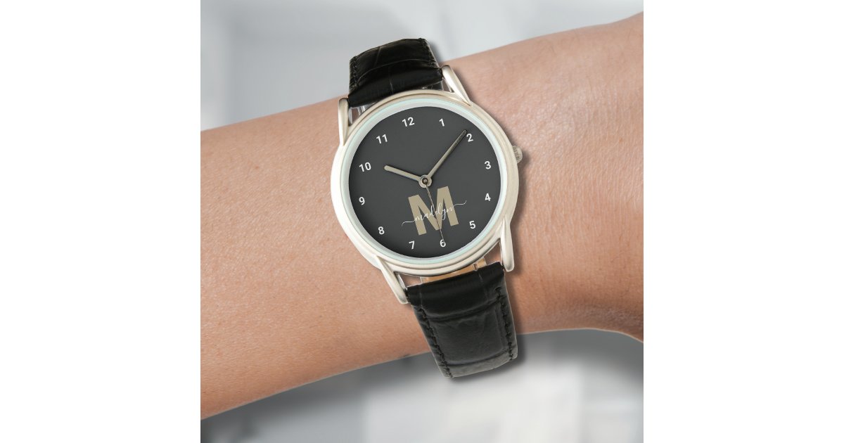 Elegant Modern Black Gold Monogram Watch | Zazzle