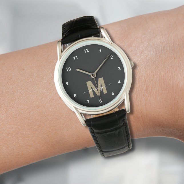 Elegant Modern Black Gold Monogram Watch (Elegant Modern Black Gold Monogram Watch)
