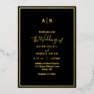 Elegant Modern Black Gold Monogram Wedding Foil Invitation