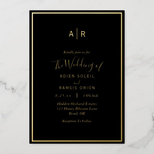 Elegant Modern Black Gold Monogram Wedding Foil Invitation