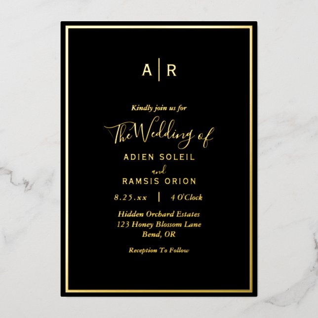 Elegant Modern Black Gold Monogram Wedding Foil Invitation (Front)