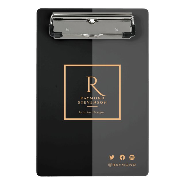 Elegant Modern Black Gold Monogrammed Mini Clipboard (Front)