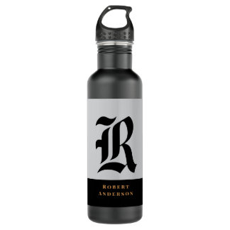 Elegant Modern Black Gold Monogrammed Stainless Steel Water Bottle